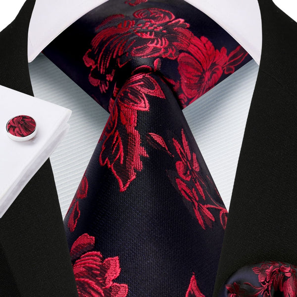 Floral Tie Handkerchief Cufflinks - BLACK/RED