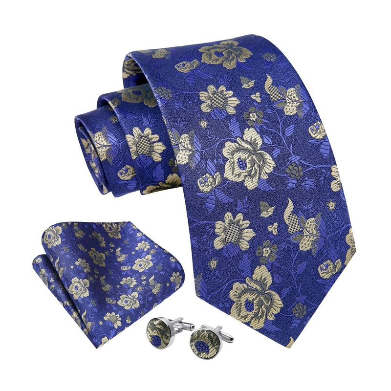 Floral Tie Handkerchief Cufflinks - NAVY BLUE/GOLD