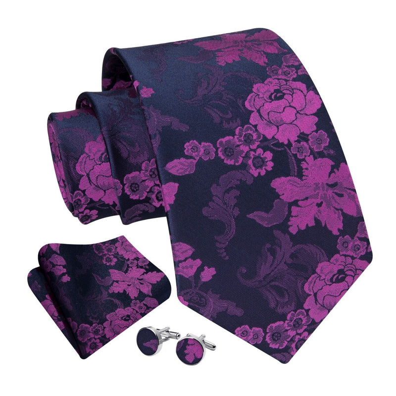 Floral Tie Handkerchief Cufflinks - PURPLE