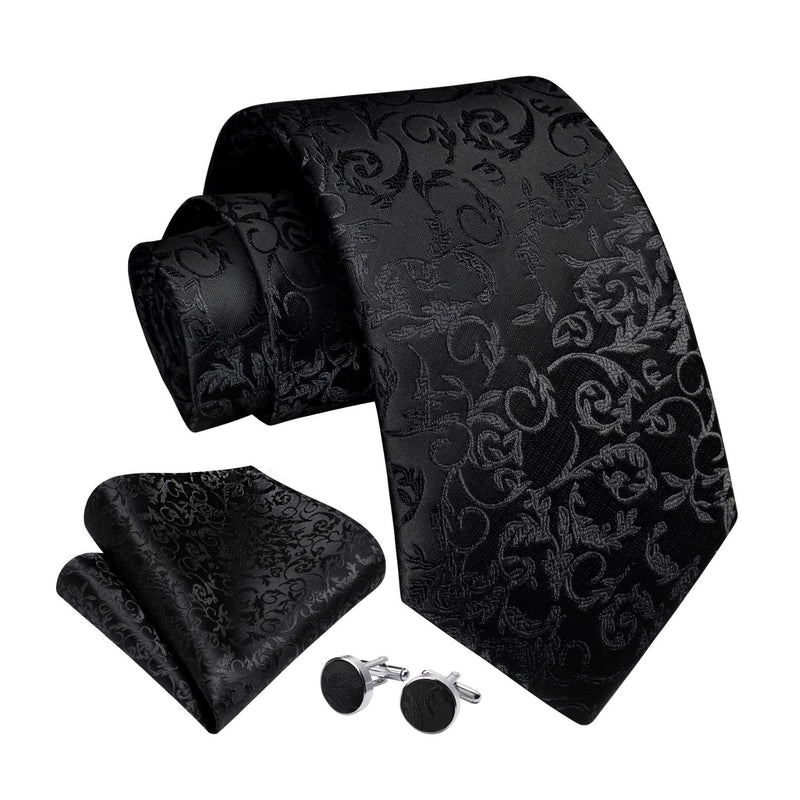 Floral Tie Handkerchief Cufflinks - BLACK