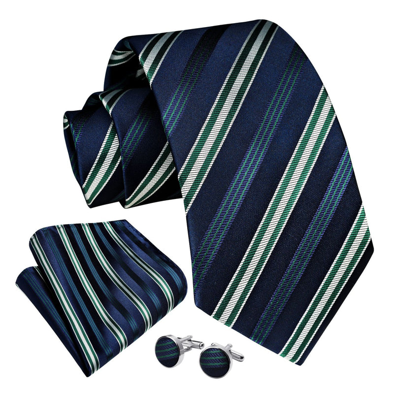 Stripe Tie Handkerchief Cufflinks - NAVY