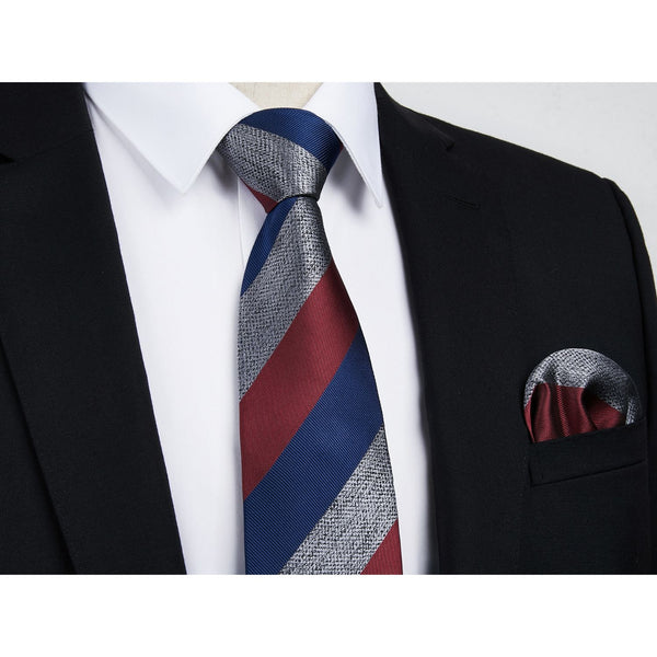 Stripe Tie Handkerchief Set - 43 BRUGUNDY/NAVY BLUE