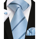 Stripe Tie Handkerchief Cufflinks - A012-LIGHT BLUE