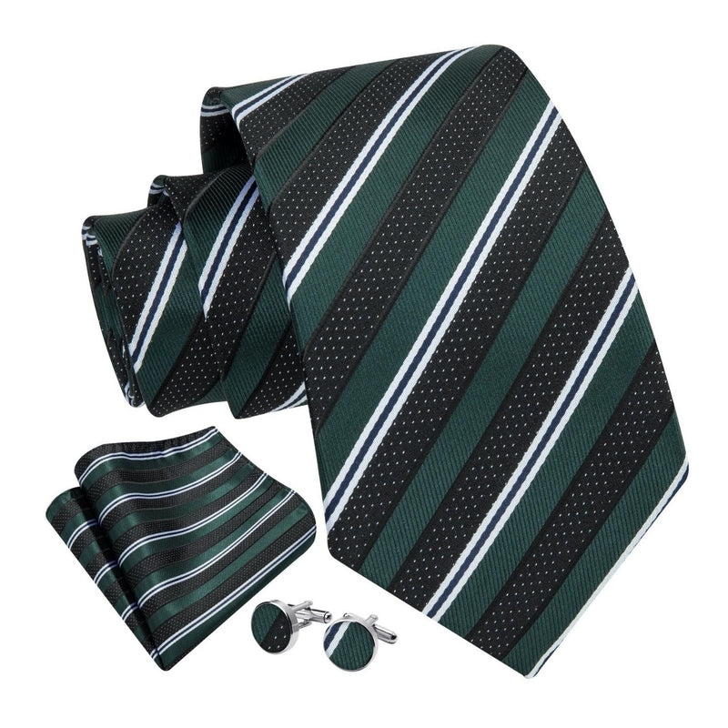 Stripe Tie Handkerchief Cufflinks - C-02 GREEN BLACK