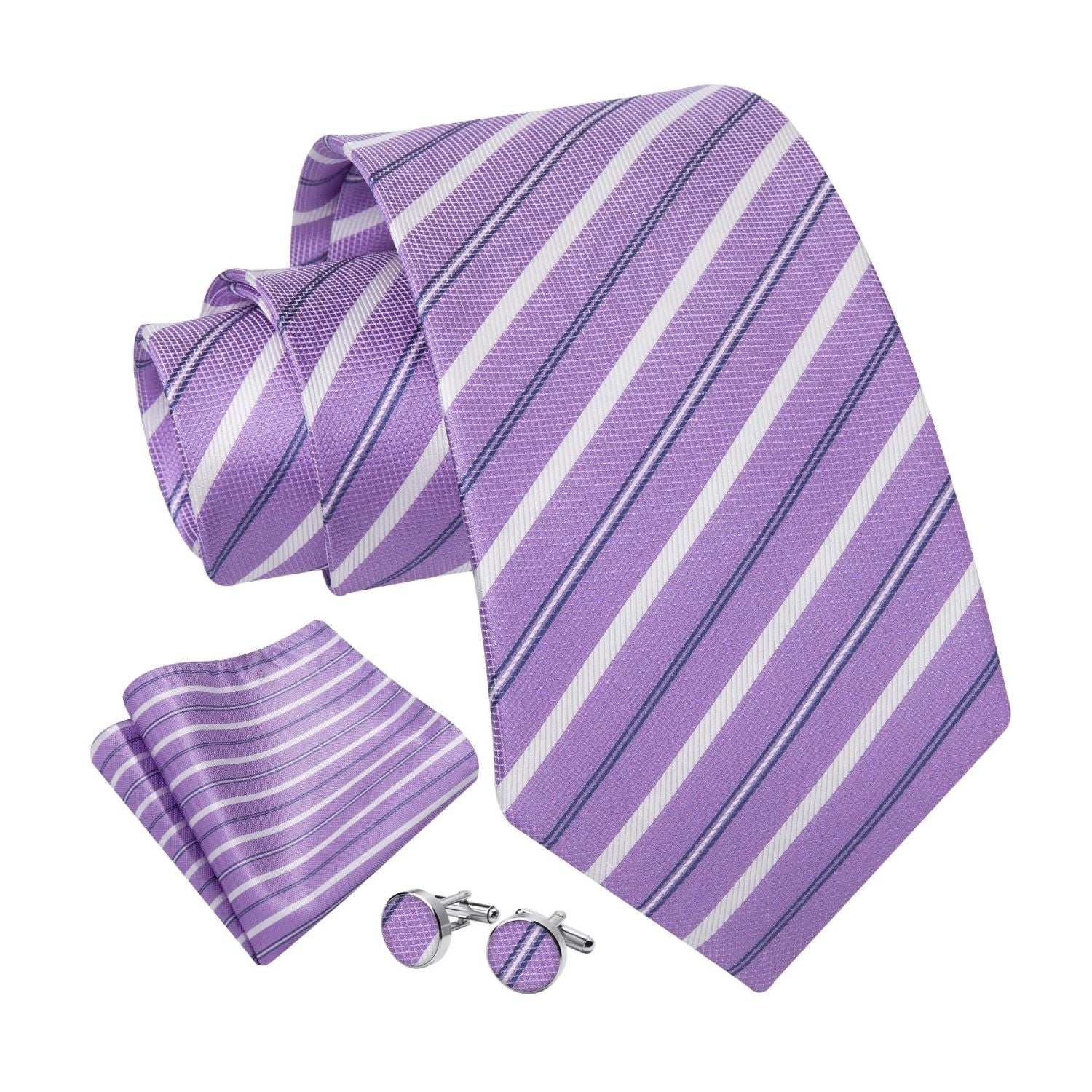 Stripe Tie Handkerchief Cufflinks - LIGHT PURPLE
