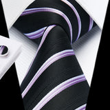 Stripe Tie Handkerchief Cufflinks - BLACK PURPLE