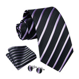 Stripe Tie Handkerchief Cufflinks - BLACK PURPLE