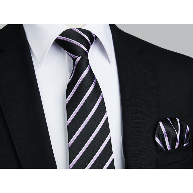 Stripe Tie Handkerchief Cufflinks - BLACK PURPLE