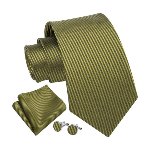 Stripe Tie Handkerchief Cufflinks - OLIVE GREEN