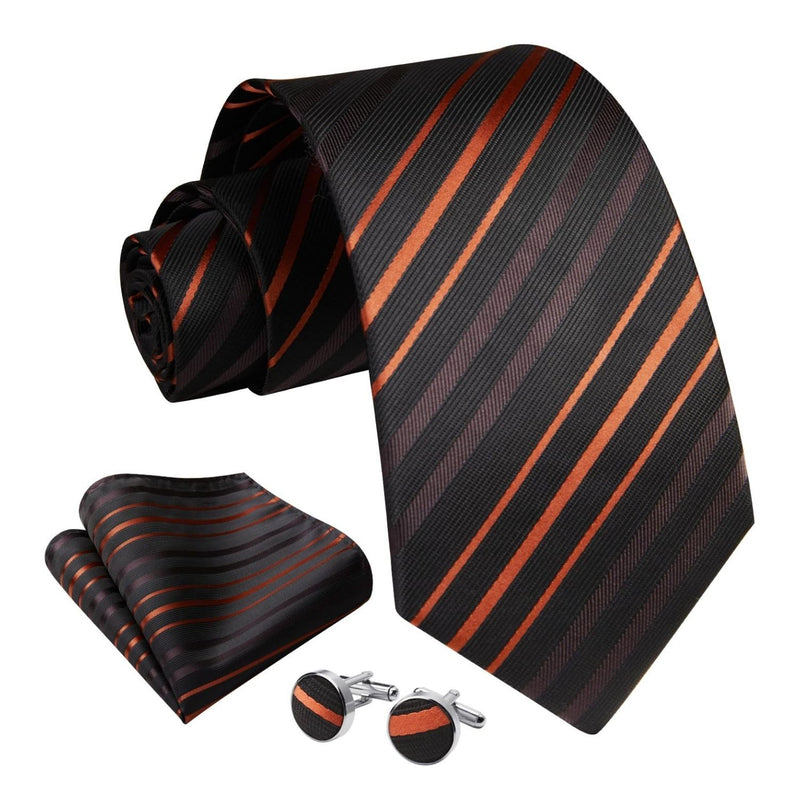 Stripe Tie Handkerchief Cufflinks - BLACK ORANGE