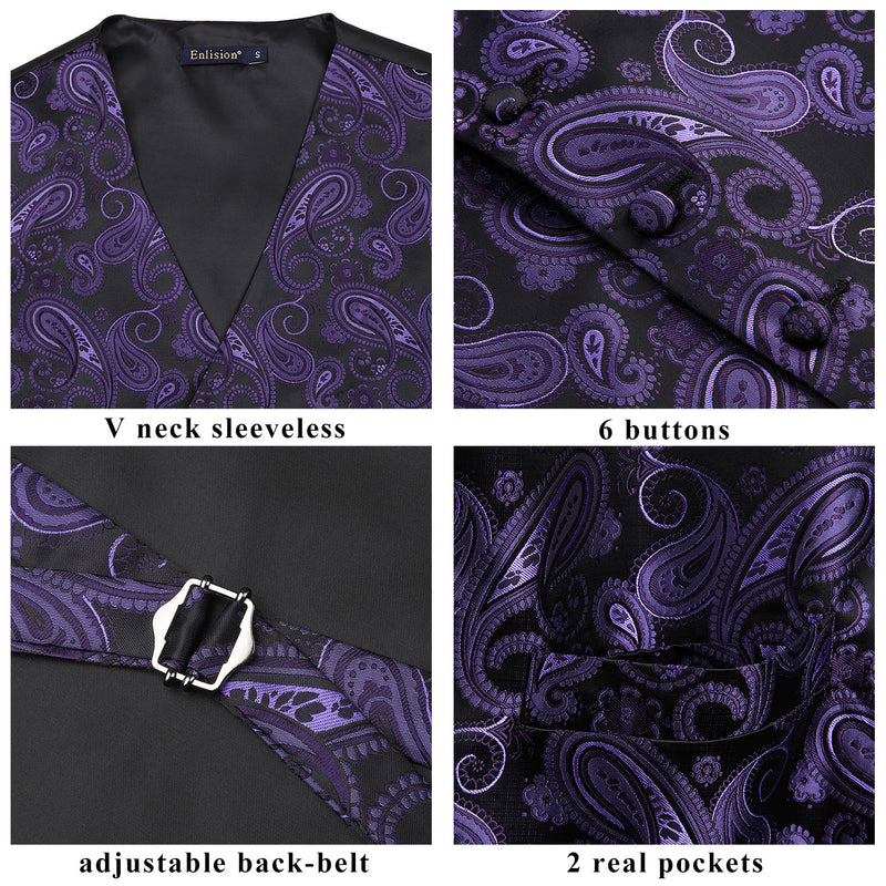 Paisley Vest Tie Handkerchief Set - PURPLE & BLACK