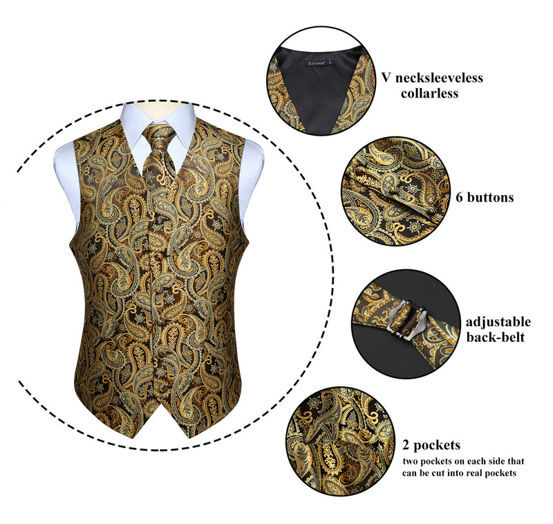 Paisley Vest Tie Handkerchief Set - GOLD