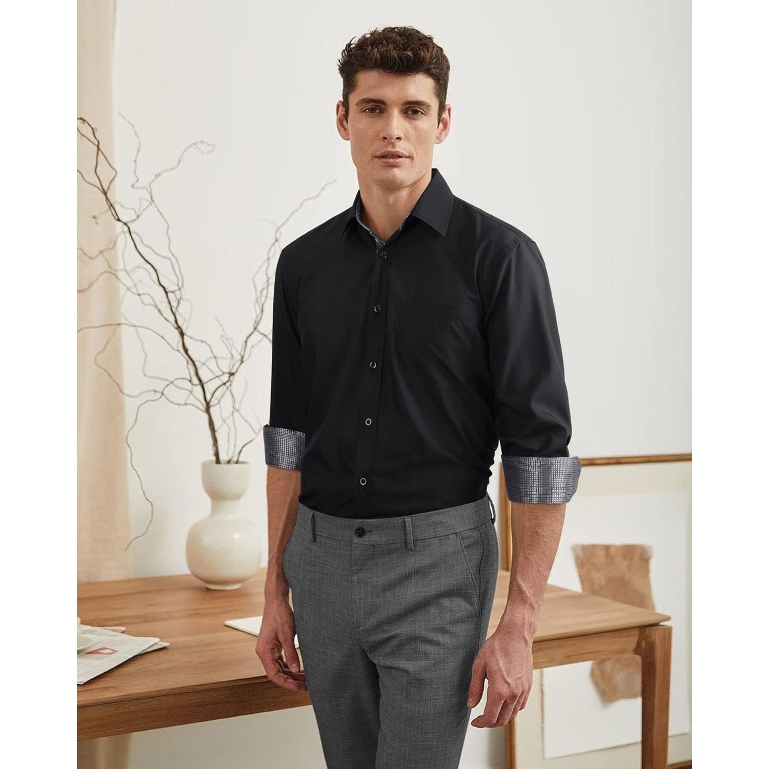 Men's Patchwork Dress Shirt with Pocket - A2-BLACK