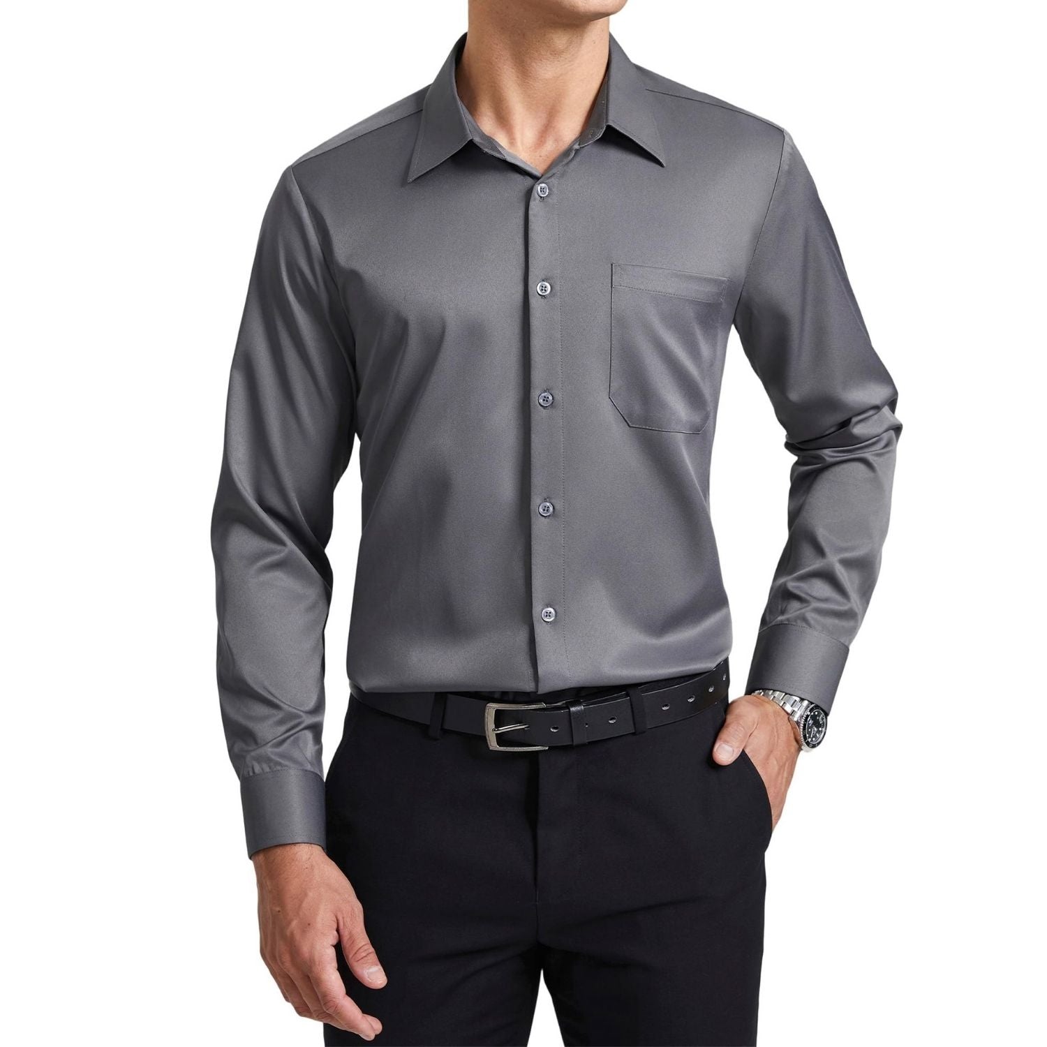 Men's Non-Iron Dress Shirt Long Sleeve 4-Way Stretch Wrinkle Free Grey Formal Shirt