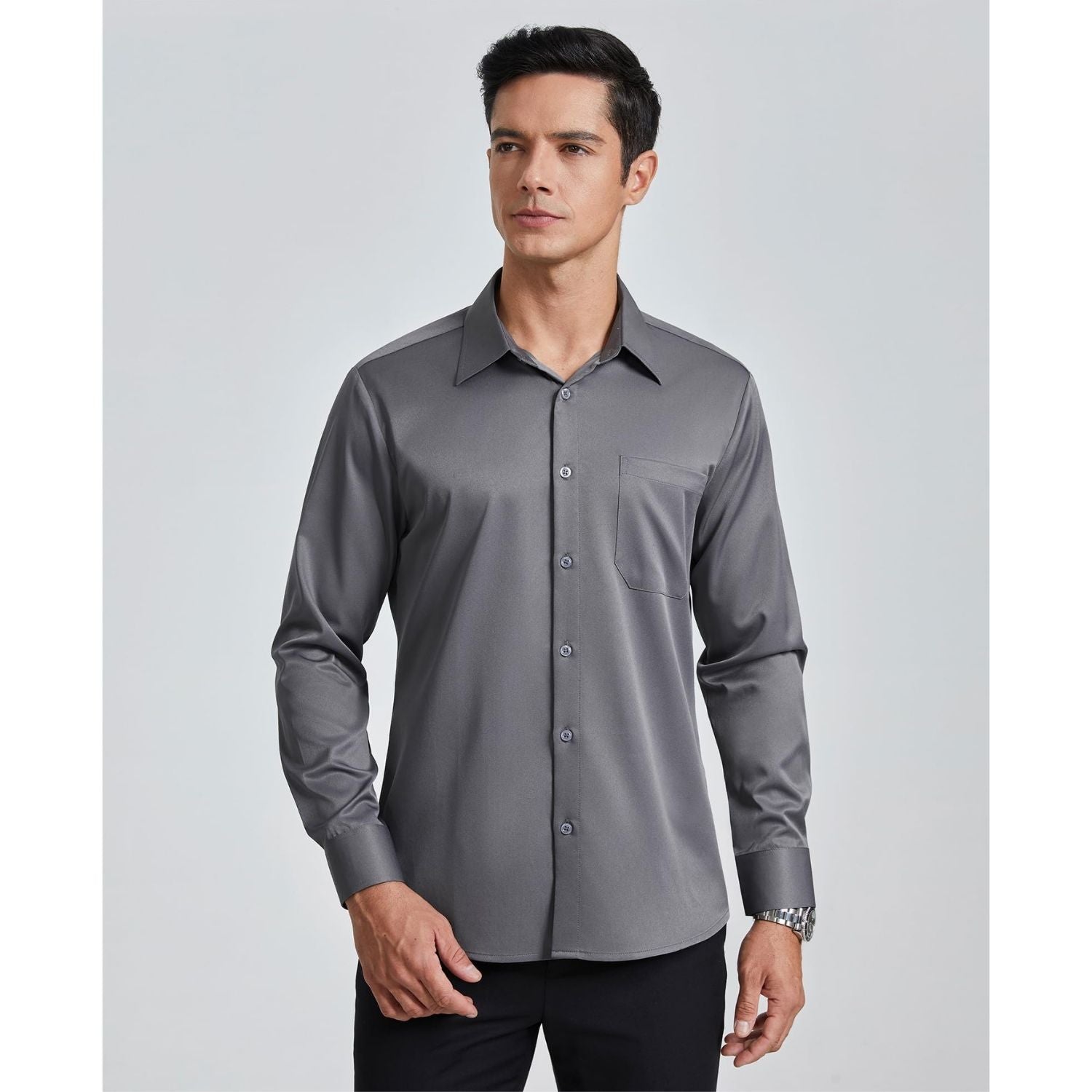 Men's Non-Iron Dress Shirt Long Sleeve 4-Way Stretch Wrinkle Free Grey Formal Shirt