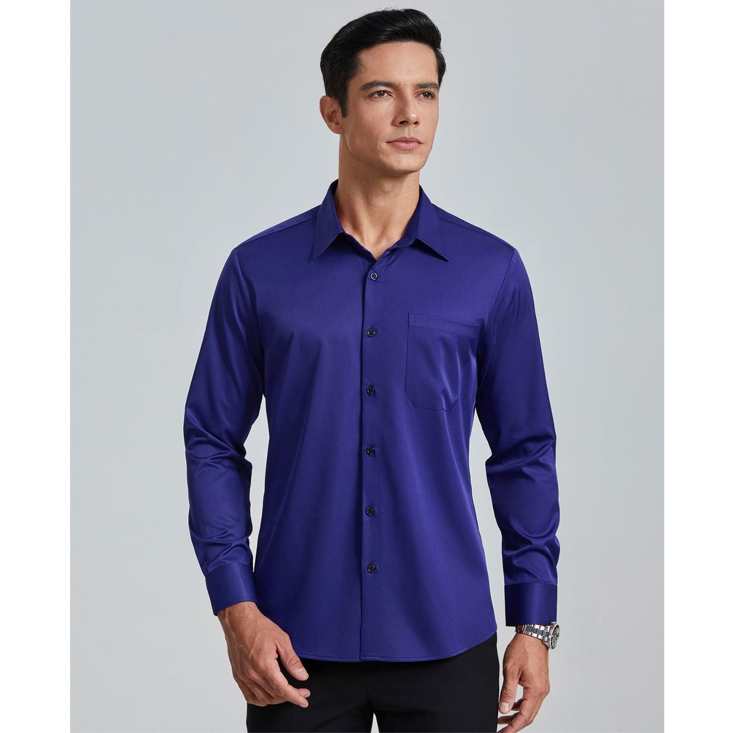 Men's Non-Iron Dress Shirt Long Sleeve 4-Way Stretch Wrinkle Free Royal Blue Formal Shirt