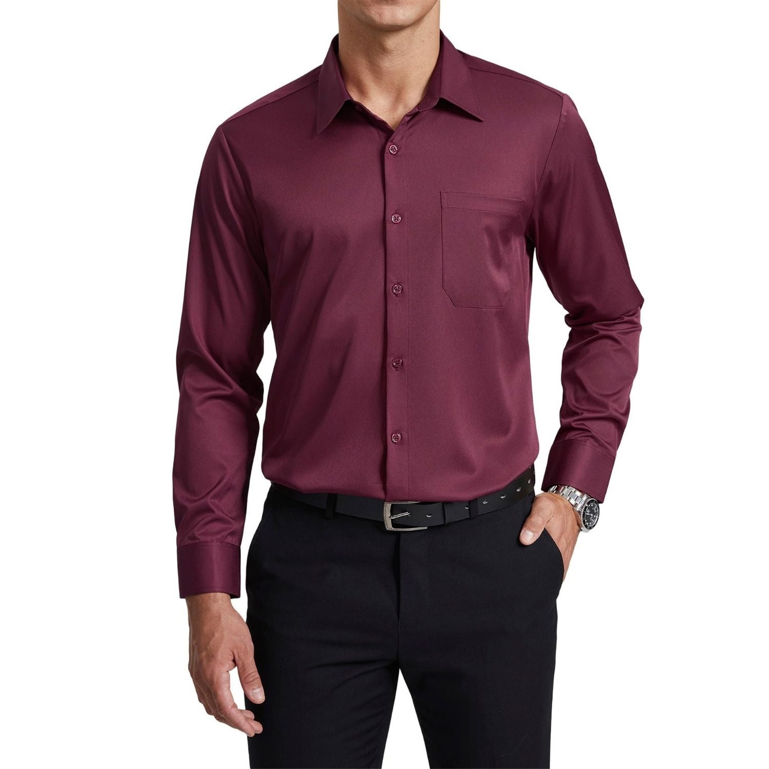 Men's Non-Iron Dress Shirt Long Sleeve 4-Way Stretch Wrinkle Free Burgundy Formal Shirt