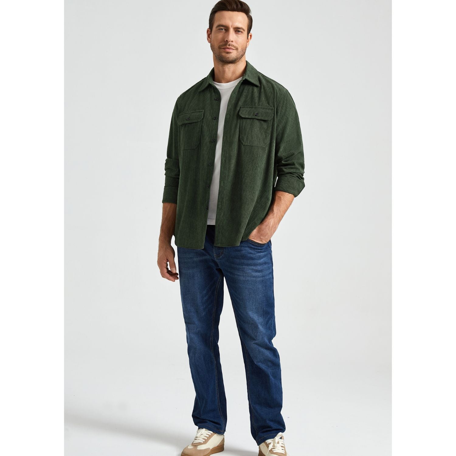Men's Corduroy Jacket Classic Army Green Casual Shirt with Flap Pockets
