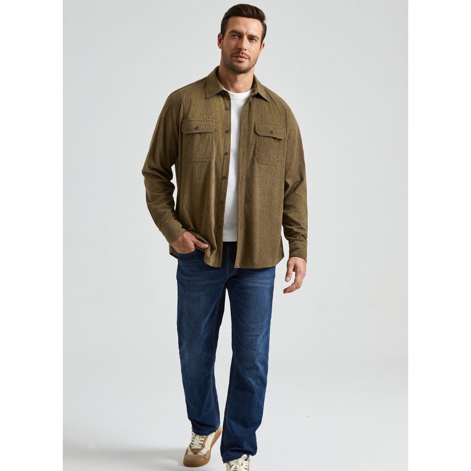 Men's Corduroy Jacket Classic Brown Casual Shirt with Flap Pockets