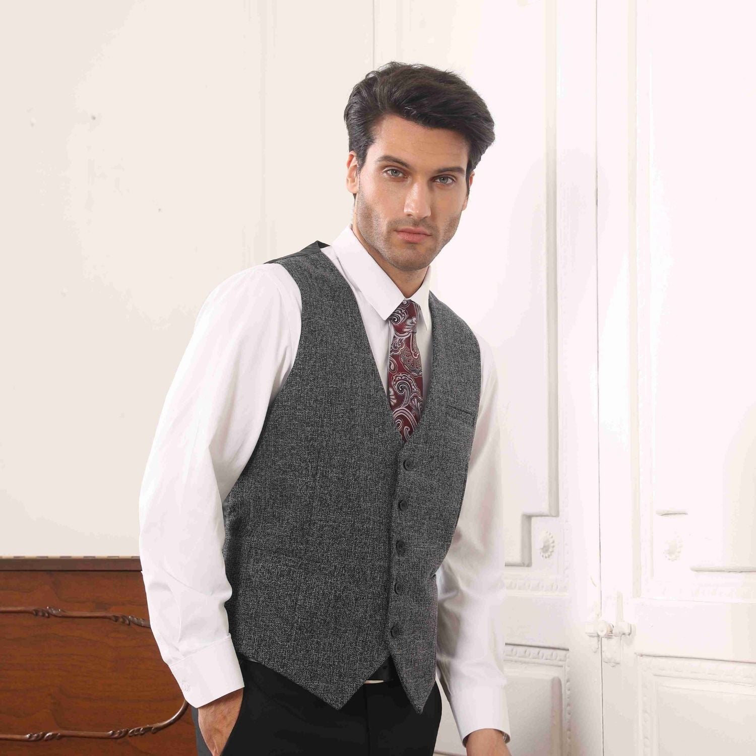 Formal Suit Vest - A-GREY-SMOOTH BACK