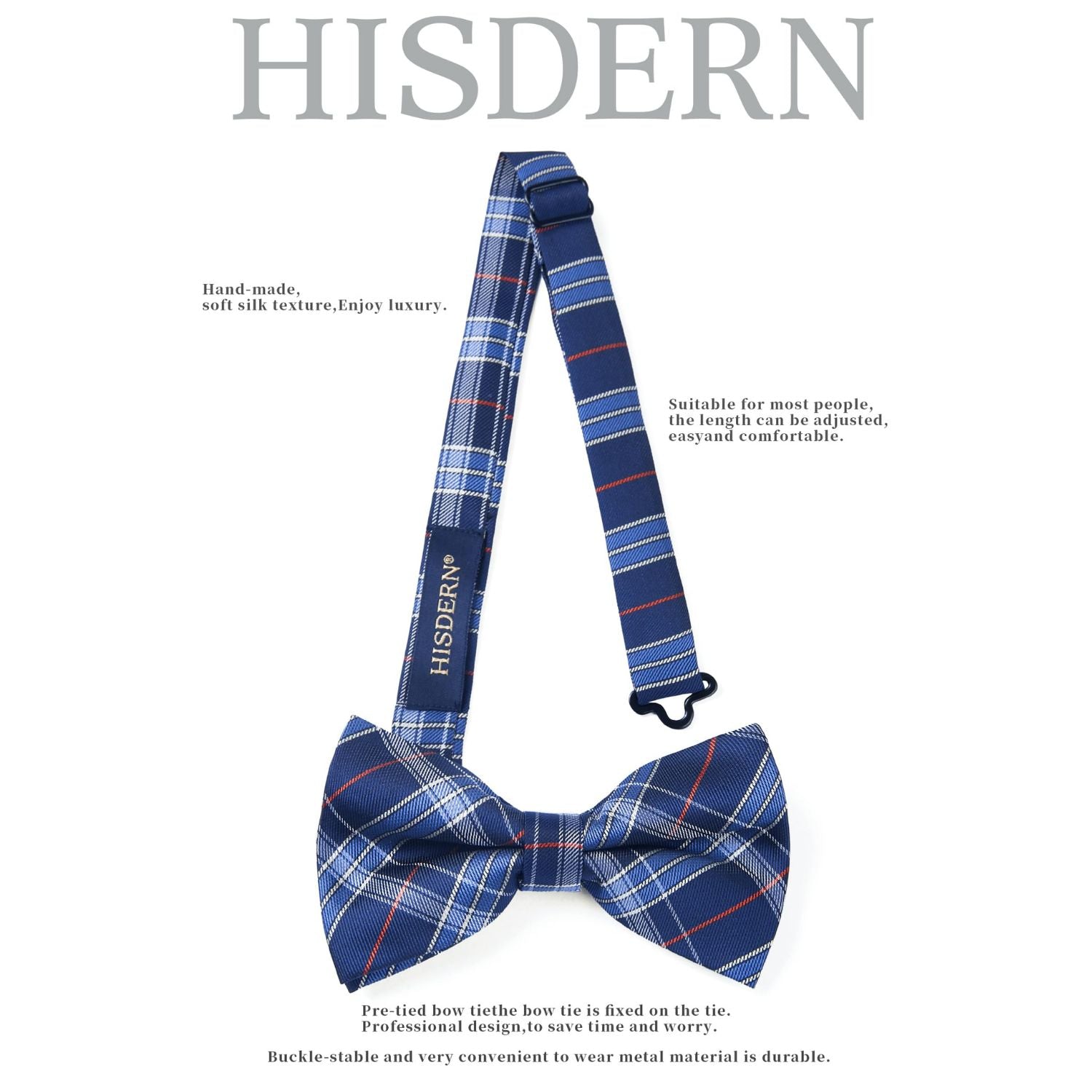 Hisdern Blue Plaid Pre-Tied Bow Tie for Men Classic Formal Business