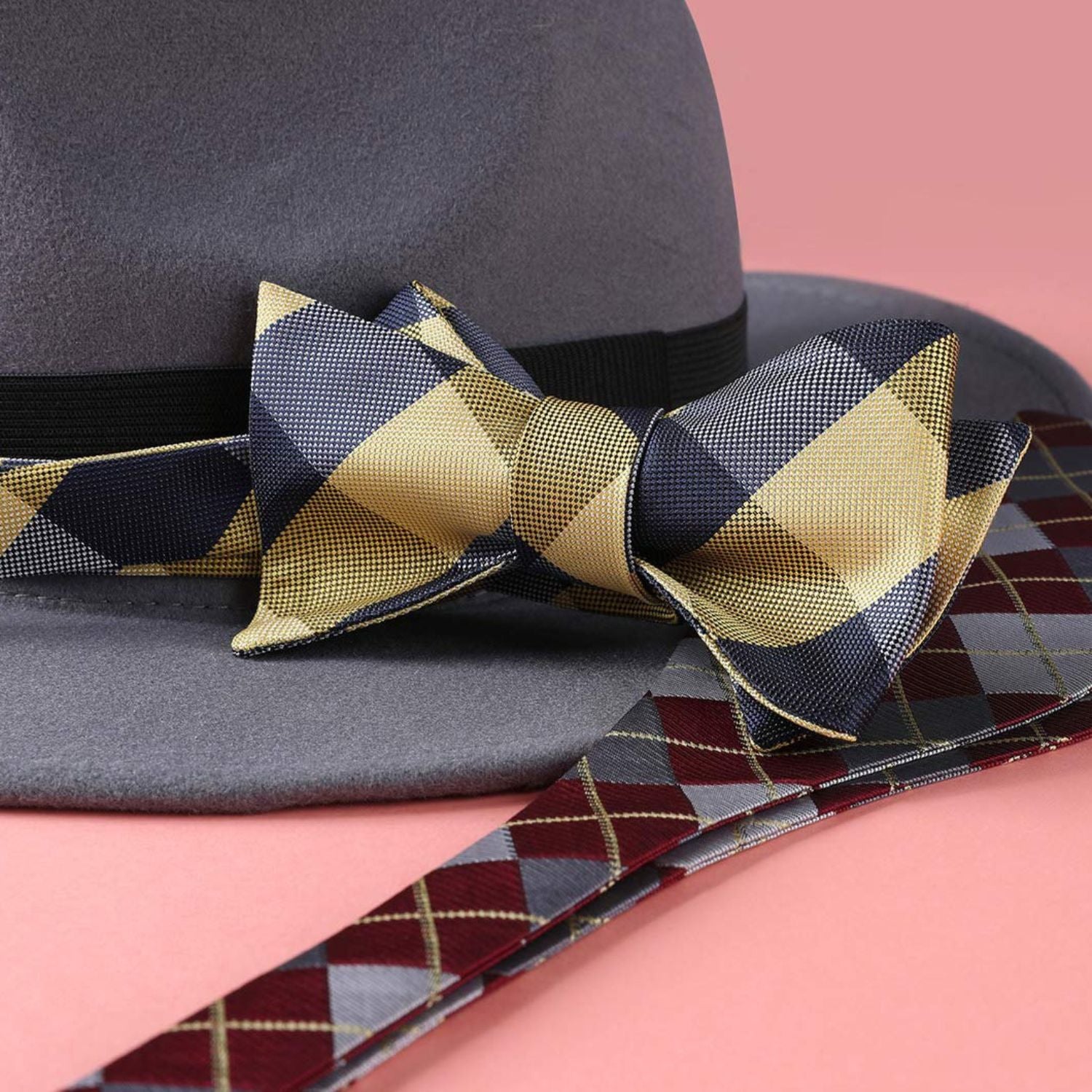 Plaid Bow Tie & Pocket Square Sets - E-NAVY BLUE/YELLOW
