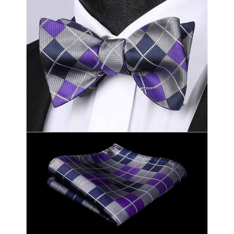 Plaid Bow Tie & Pocket Square Sets - A-NAVY BLUE/PURPLE