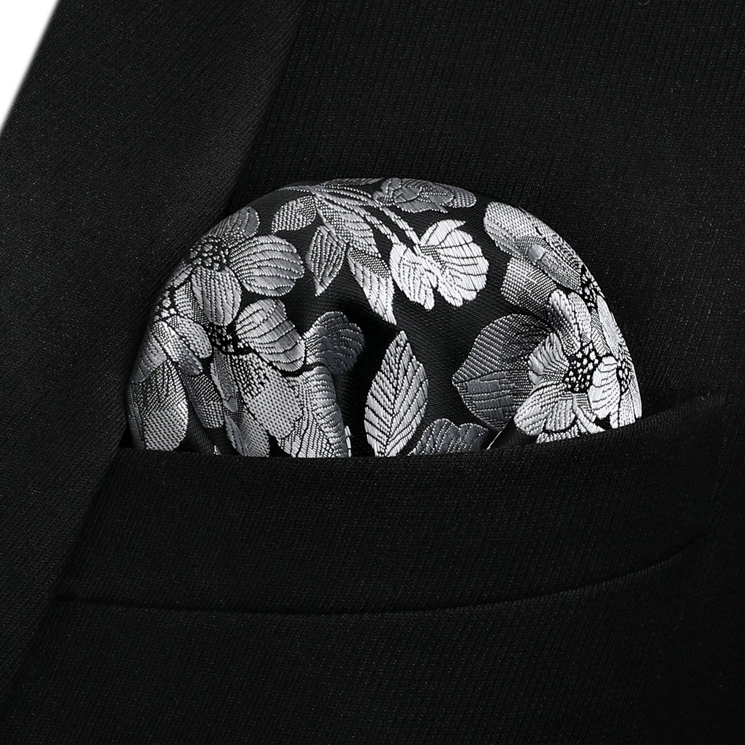 Floral Tie Handkerchief Set - BLACK/SILVER