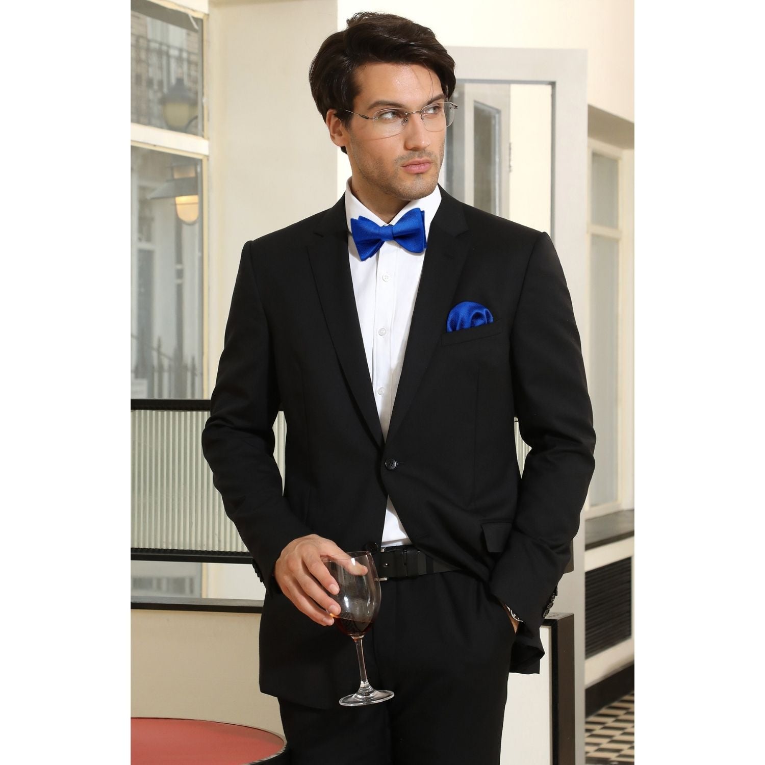 Houndstooth Bow Tie & Pocket Square - 02-ROYAL BLUE