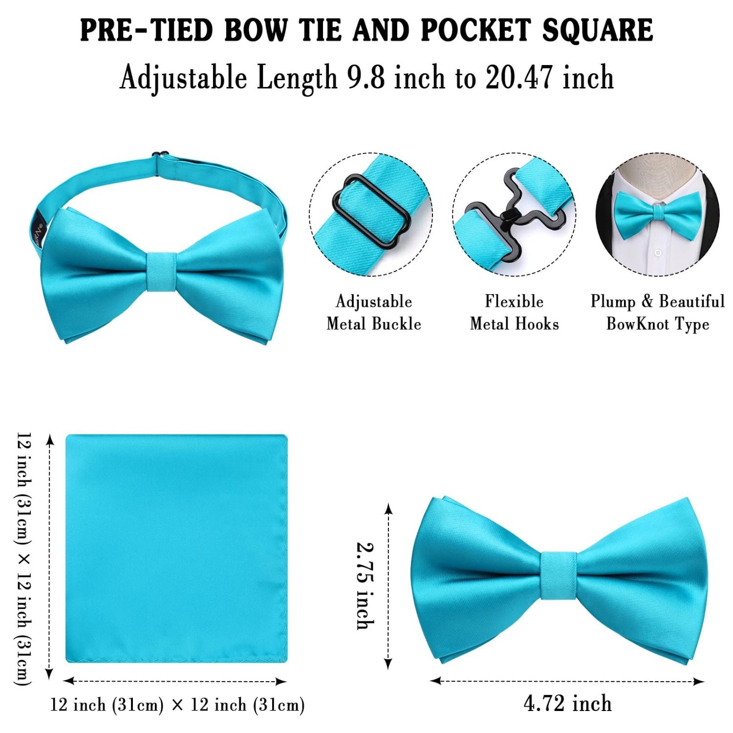Hisdern Teal Solid Pre-Tied Bow Tie Accessories Set For Evening Wear