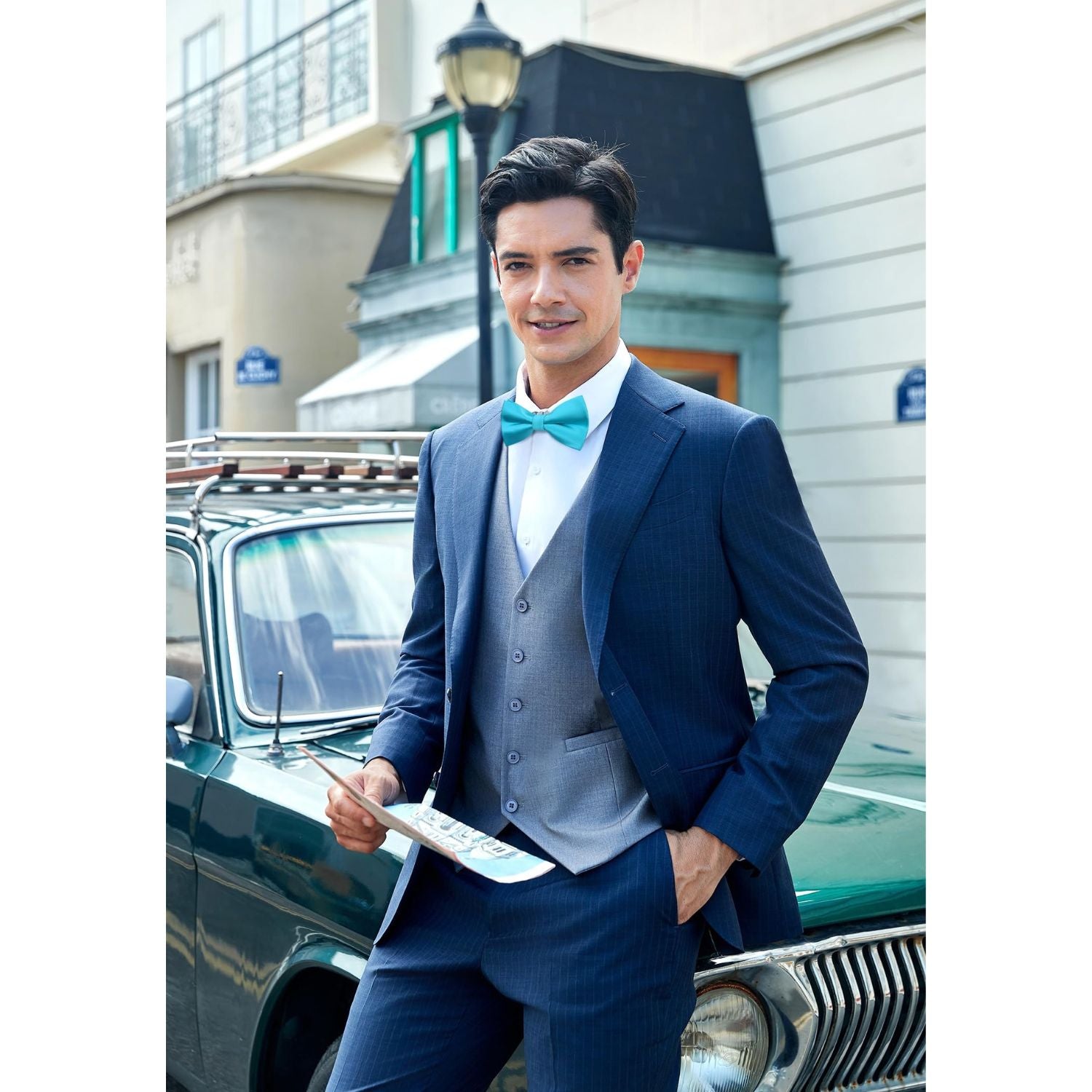 Hisdern Teal Solid Pre-Tied Bow Tie Accessories Set For Evening Wear