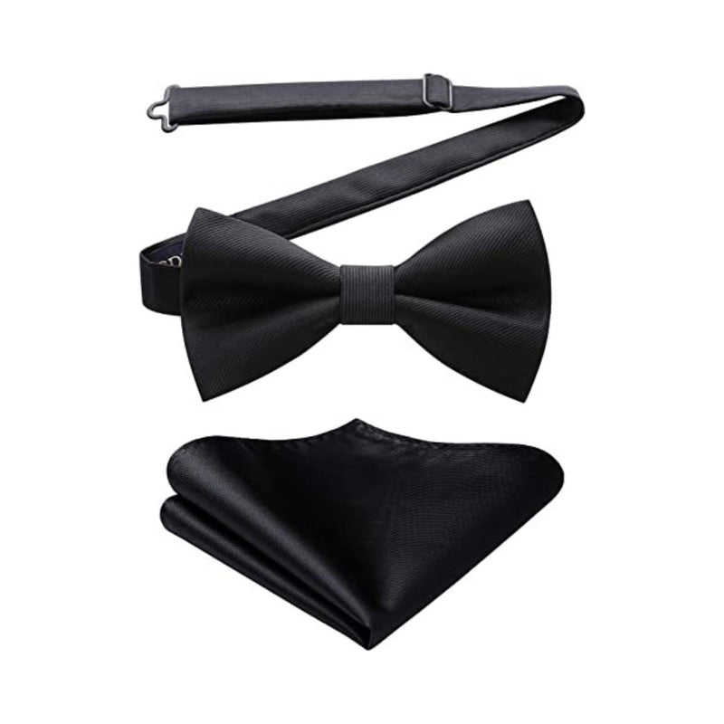 Solid Pre-Tied Bow Tie & Pocket Square - 03-BLACK