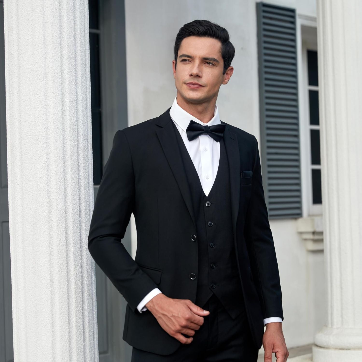 Solid Pre-Tied Bow Tie & Pocket Square - L-BLACK 1