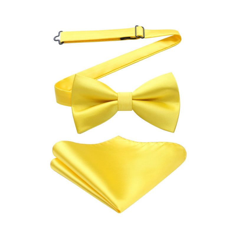 Solid Pre-Tied Bow Tie & Pocket Square - Y-LEMON YELLOW