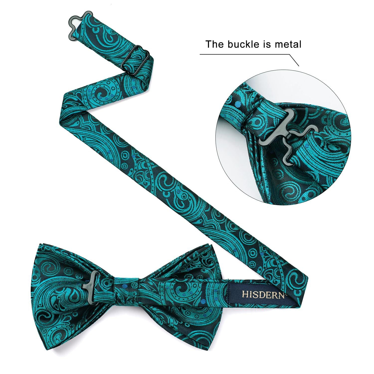 Hisdern Peacock Blue Paisley Pre-Tied Bow Tie for Wedding Party