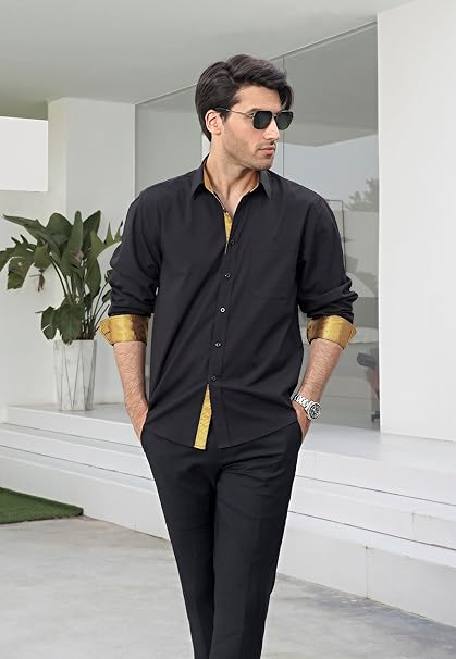 Casual Formal Shirt with Pocket - BLACK/GOLD