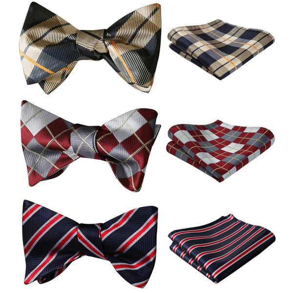 3PCS Mixed Design Bow tie & Pocket Square Sets - RED/BLACK/NAVY Christmas Gifts for Men