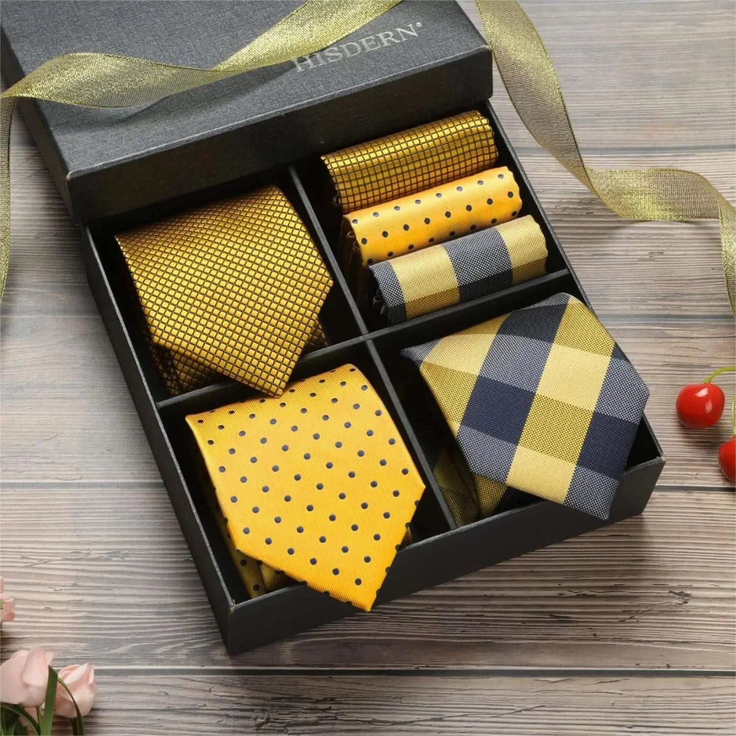 Hisdern 3-Piece Yellow Pattern Tie Set Wedding Accessory Gift Box Set