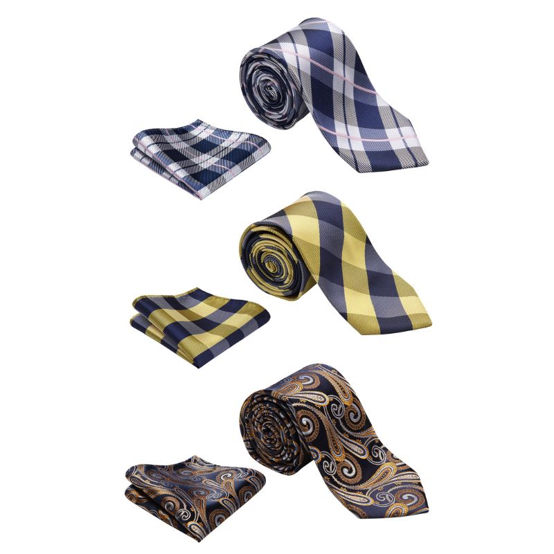 3PCS XL Tie & Pocket Square Set - B- YELLOW/BLUE