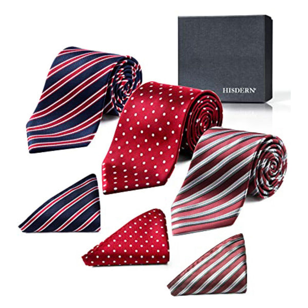 3PCS XL Tie & Pocket Square Set - A1-RED/BLUE/SILVER  Christmas Gifts for Men