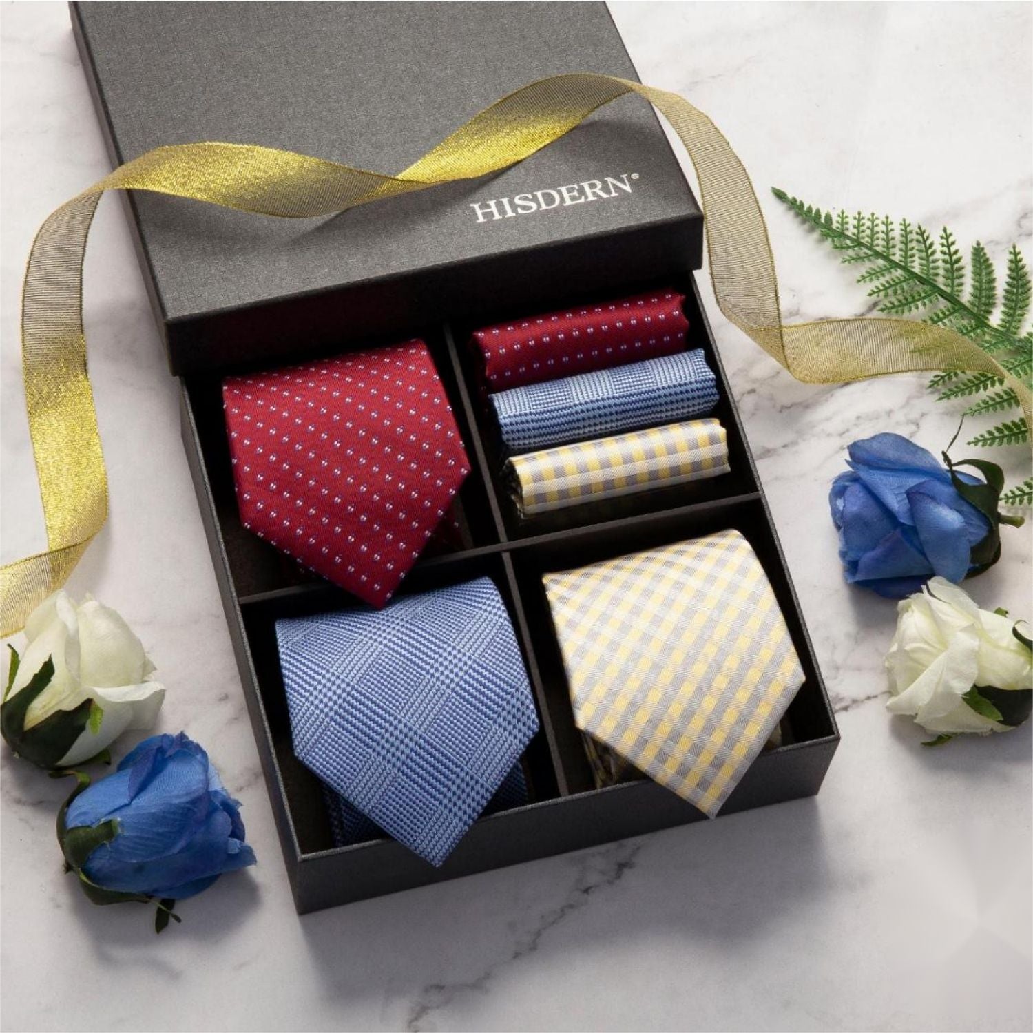 Hisdern 3-Piece Plaid Tie Set Wedding Accessory Gift Box Set