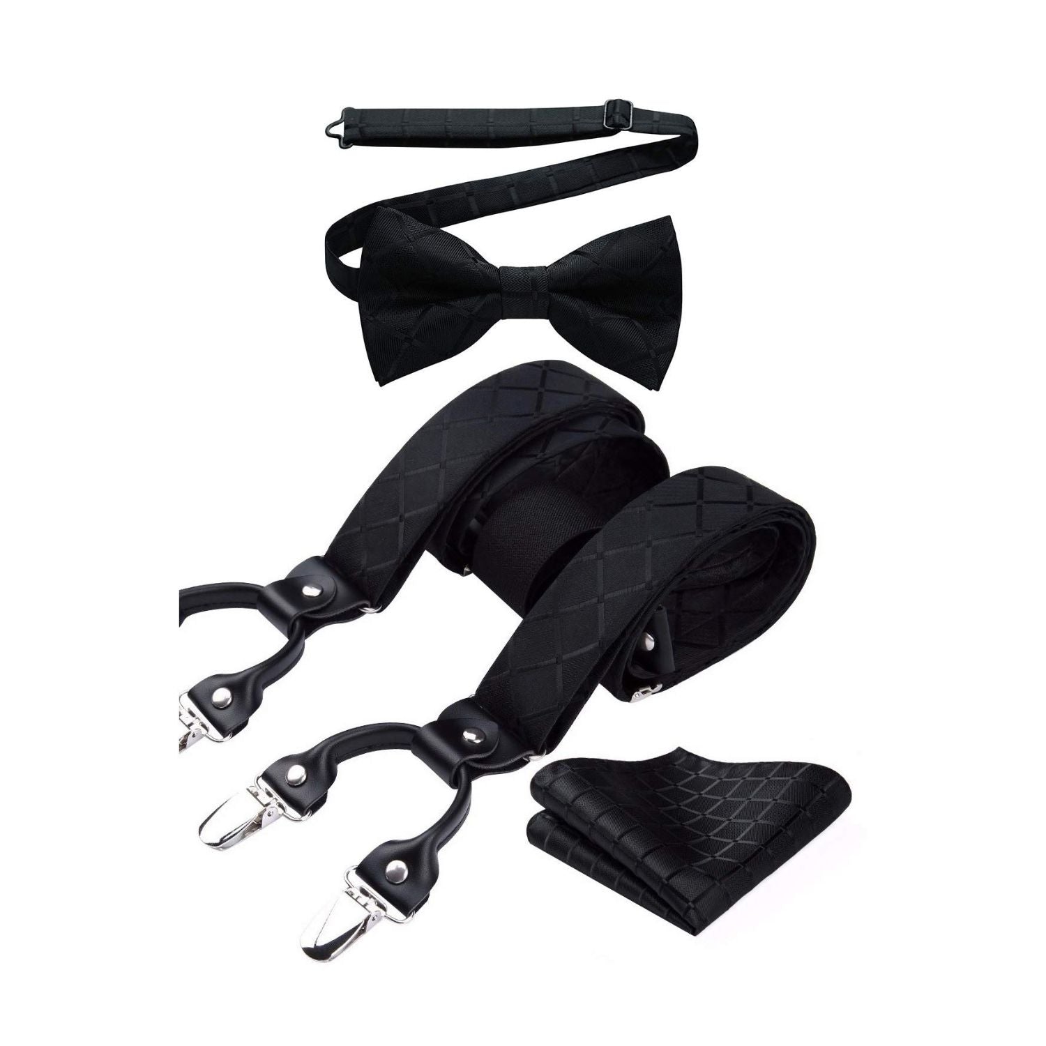 Plaid Suspender Pre-Tied Bow Tie Handkerchief - BLACK