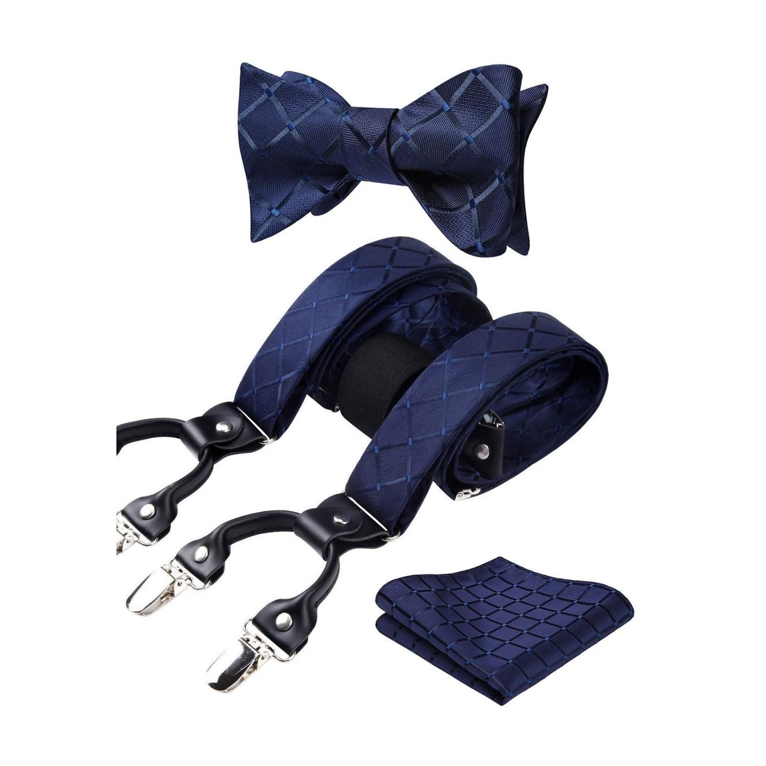 Plaid Suspender Bow Tie Handkerchief - NAVY BLUE-CHECK