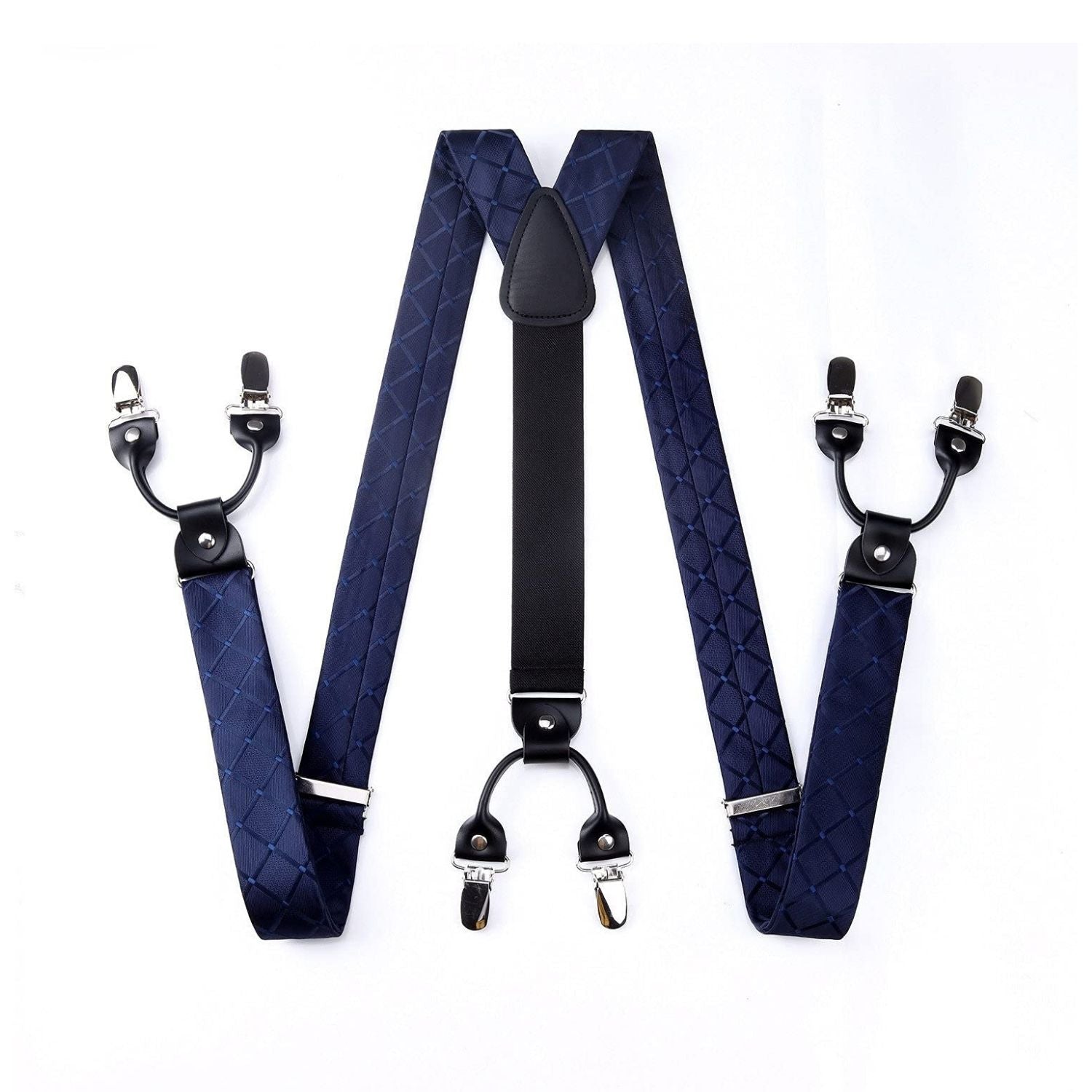 Plaid Suspender Bow Tie Handkerchief - NAVY BLUE-CHECK