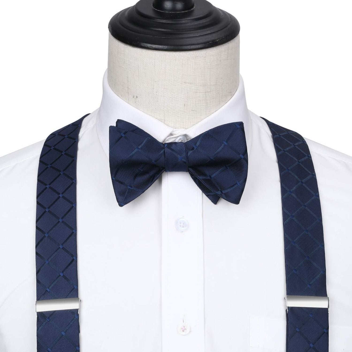 Plaid Suspender Bow Tie Handkerchief - NAVY BLUE-CHECK