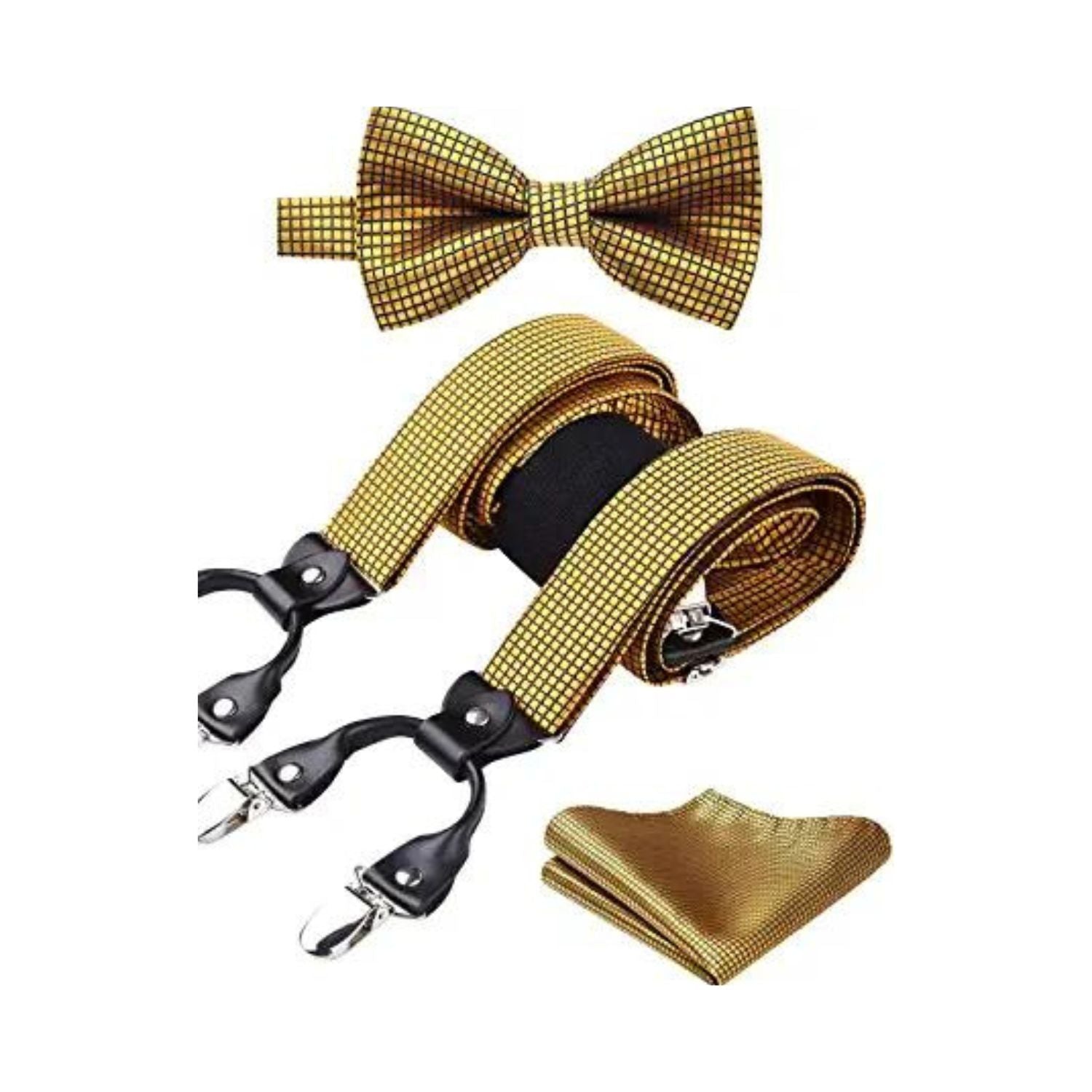 Plaid Suspender Pre-Tied Bow Tie Handkerchief - B7-GOLD