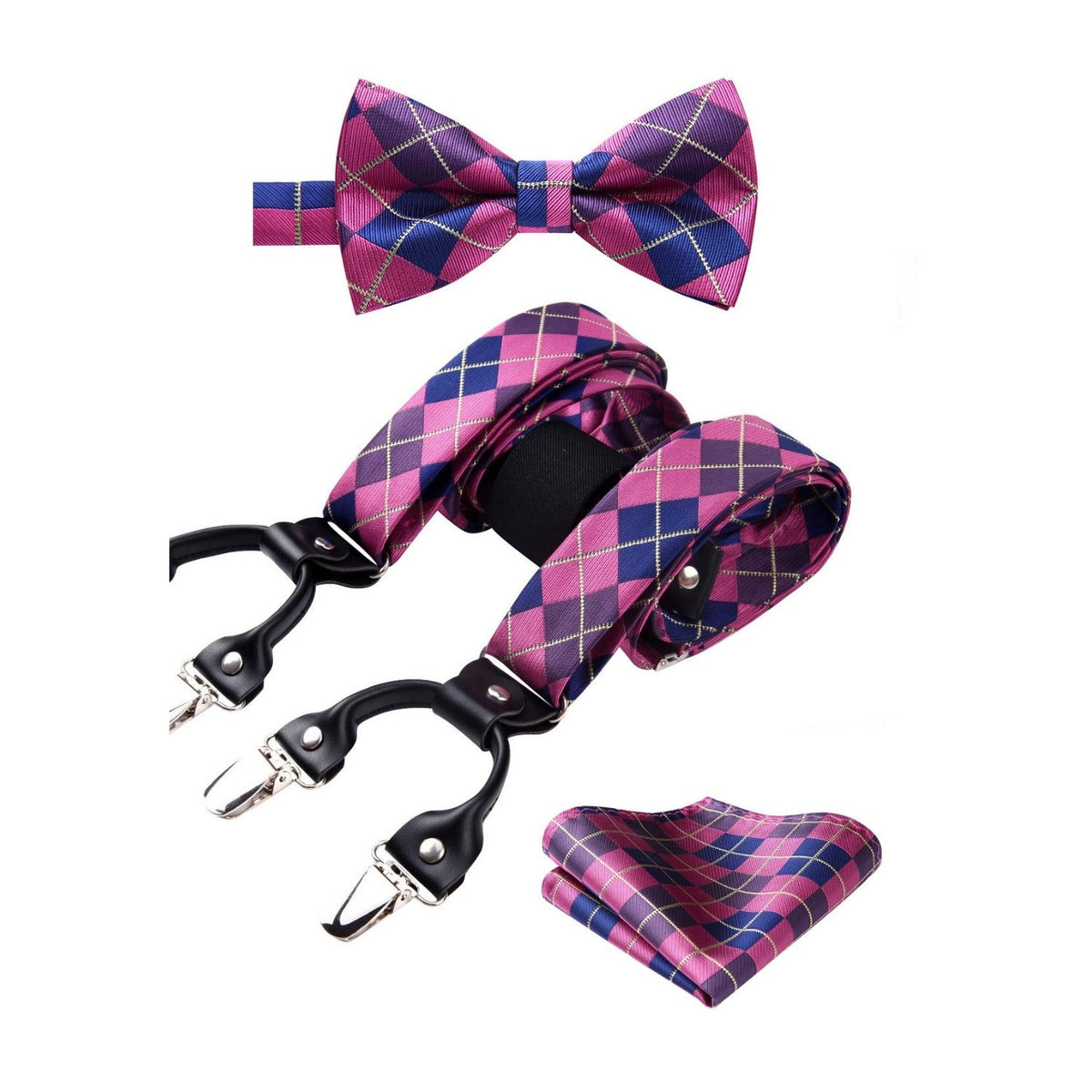 Plaid Suspender Pre-Tied Bow Tie Handkerchief - HOT PINK/BLUE