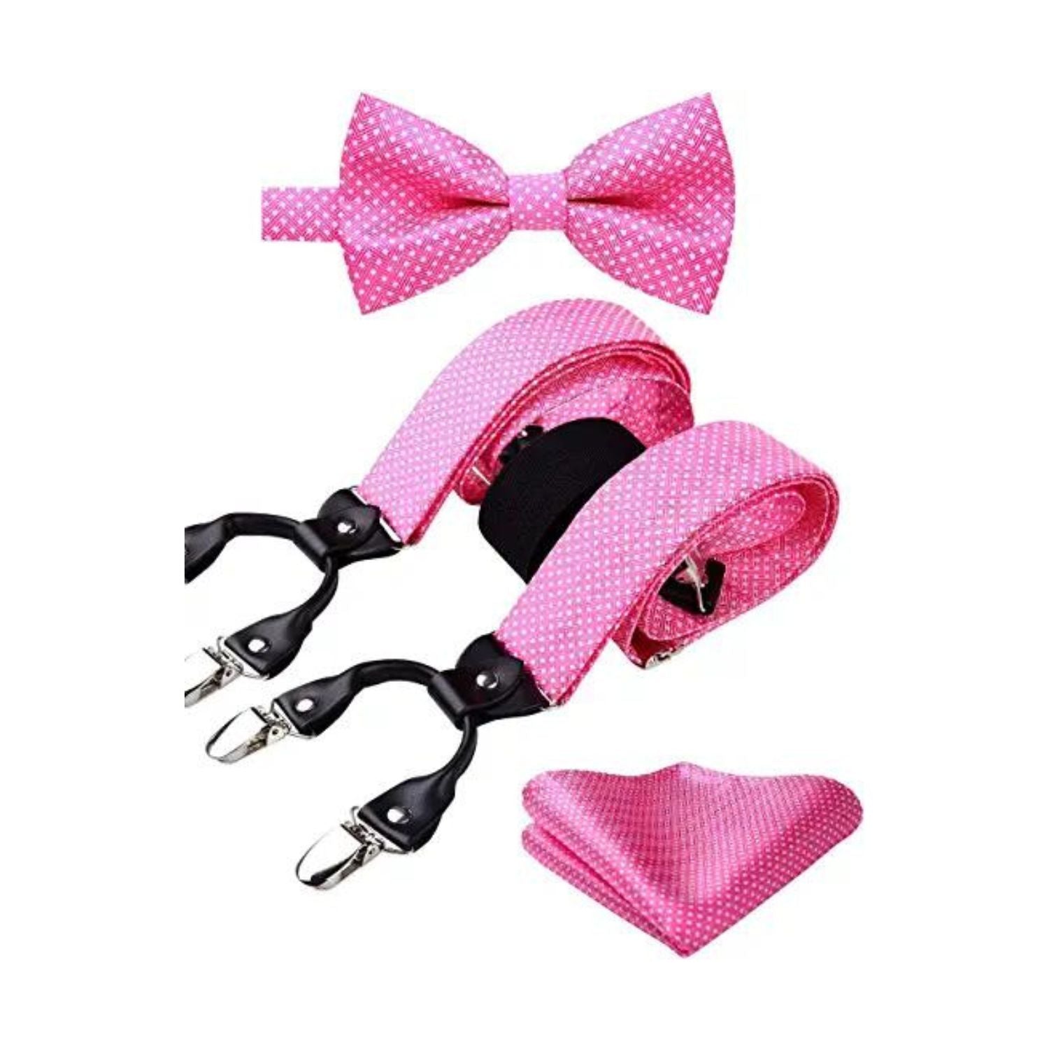 Polka Dot Suspender Pre-Tied Bow Tie Handkerchief - C1-PINK