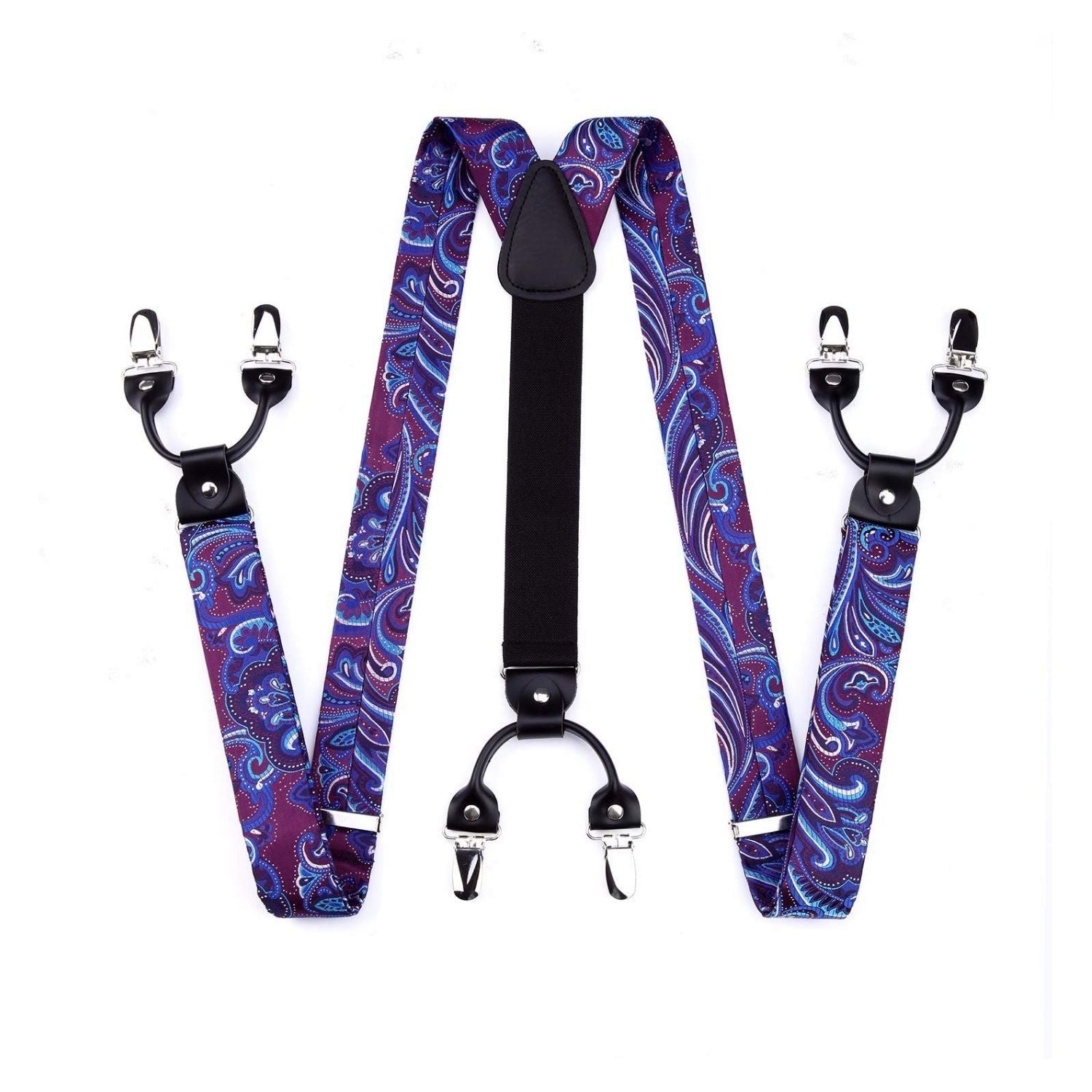 Floral Paisley Suspender Bow Tie Handkerchief - 9-BLUE/PURPLE/WHITE