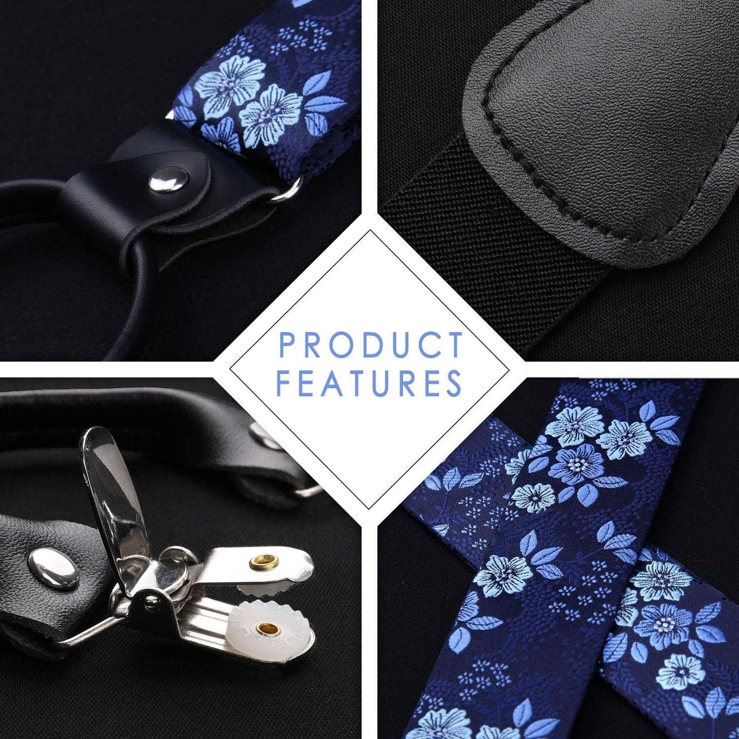 Floral Paisley Suspender Bow Tie Handkerchief - 1-BLUE